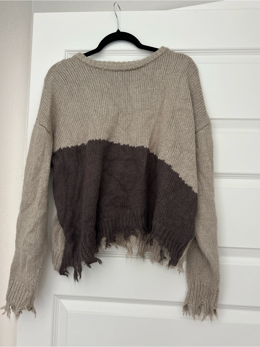 Pink Lily Two-Tone Beige and Brown Distressed Crewneck Sweater